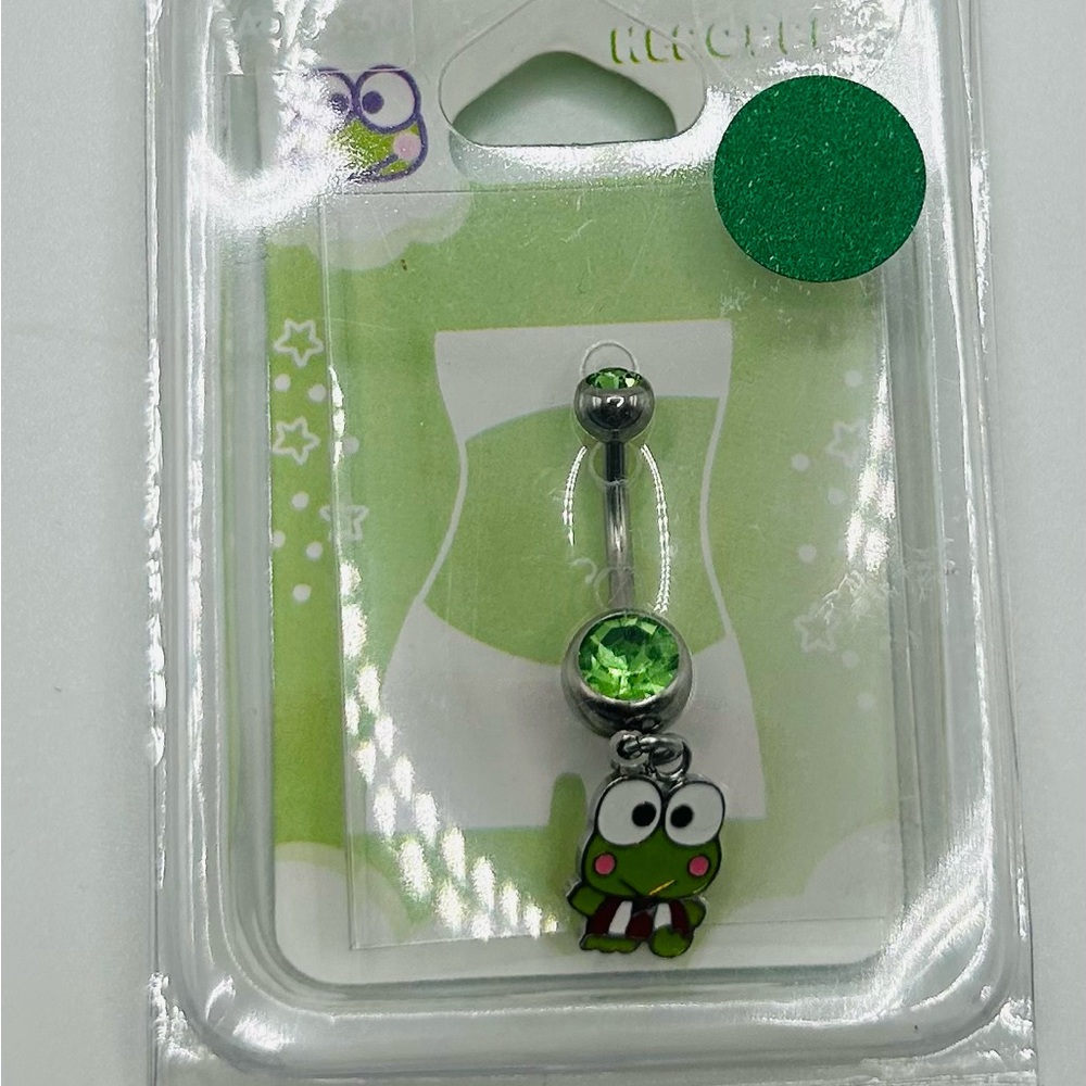 Sanrio Keroppi® Silver-tone Stainless Steel Green Crystal Charm 14G Belly Bar